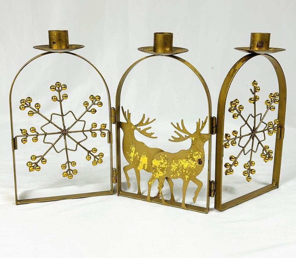 Gold Metal 3 Taper Candle Holder Reindeer Deer Snowflake Winter Holiday Decor